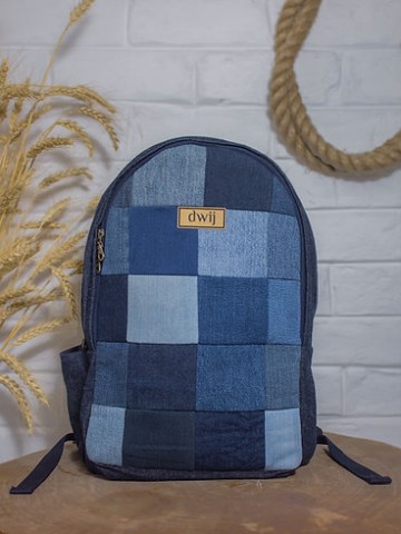 Upcycled Handcrafted Blue Random Denim & Felt Travel Backpack