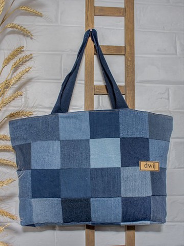 Upcycled Denim Jeans Blue Chequered Tote Bag Dark