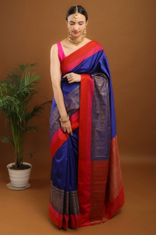 Premium Royal Blue Banarasi Silk Sarees | With Red Colour Running Blouse