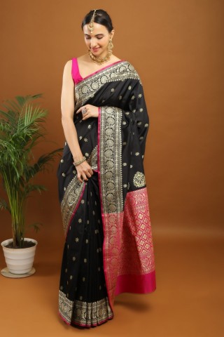 Black Color soft Silk Saree | With Rani Color Blouse