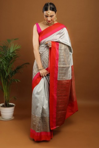 Premium Banarasi Silk Saree | With Red Blouse | Zari Border