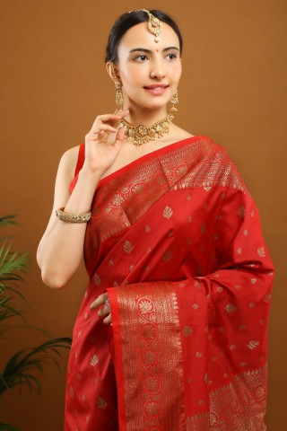 Red Banarasi Saree | With Red Blouse | Zari Woven Design