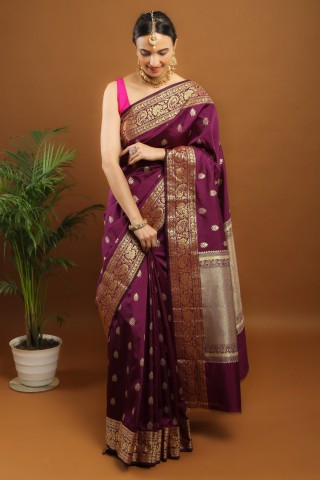 Wine Banarasi saree | With Same Color Running Blouse