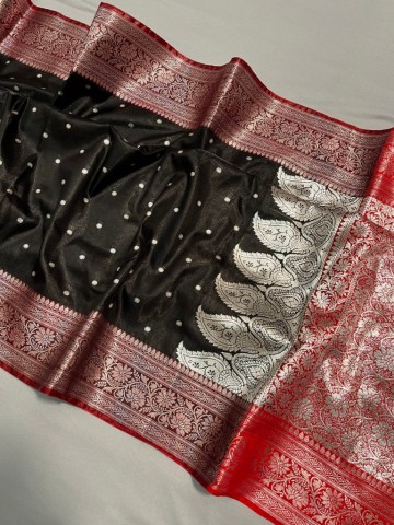 Black Banarasi Silk Saree | Woven With Silver Zari | Red Running Blouse