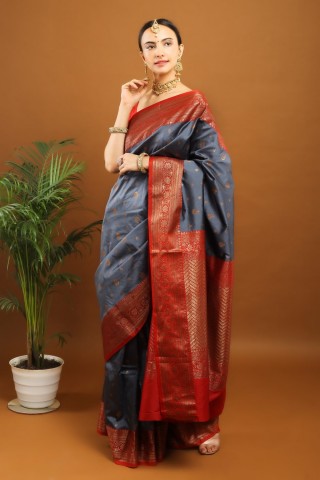 Grey Banarasi saree | With Red Color Blouse