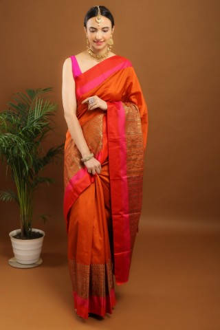 Premium Banarasi Silk Saree Orange | With Red Blouse | Zari Woven Design