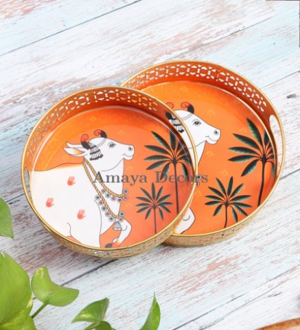 Round Orange Pichwai Tray Set of 2