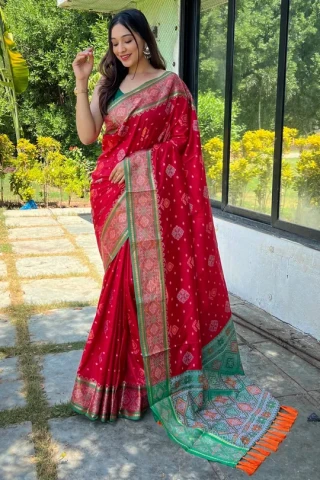 Red Meenakari Patola Weaving With Rich Pallu And Tessels