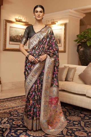 Black Kashmiri Weaving Silk Saree with Indian Rich Pallu